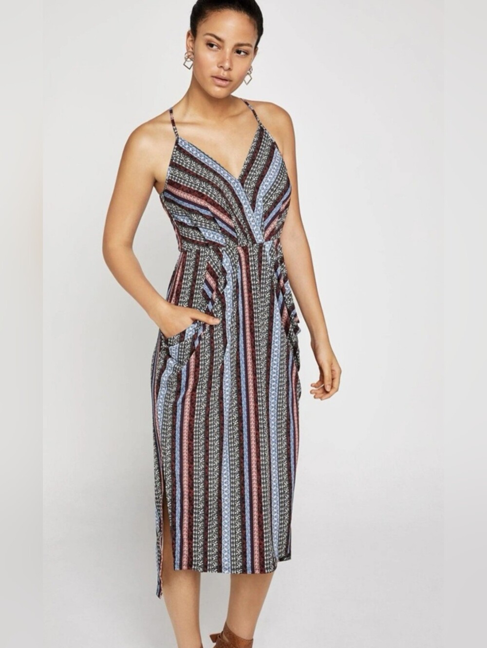 BCBGeneration Striped V-Neck Spaghetti Strap Midi Dress in Blue, Pink & Black